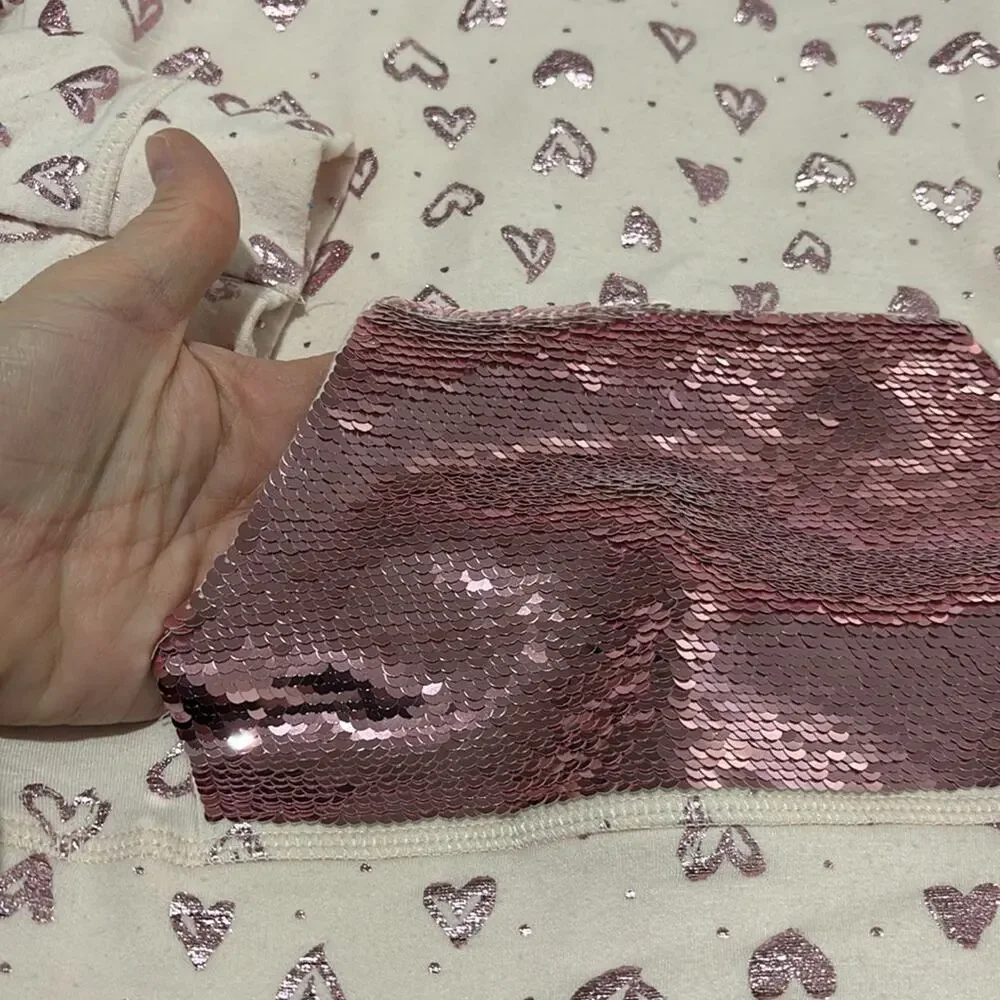 Btween 10 pink hooded sweatshirt pink metallic heart print sequin pocket euc